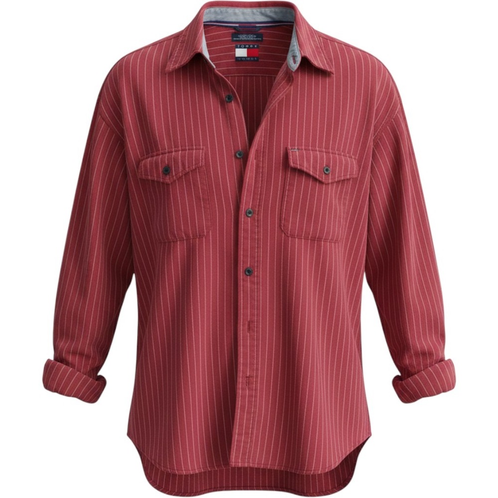 Tommy Hilfiger Red Striped Flannel Shirt Button Up 100% Cotton Men's Size XL